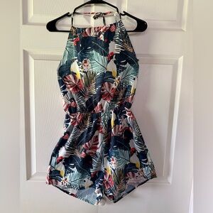 SHEIN Tropical Print Romper in Navy, Green, Pink, Yellow